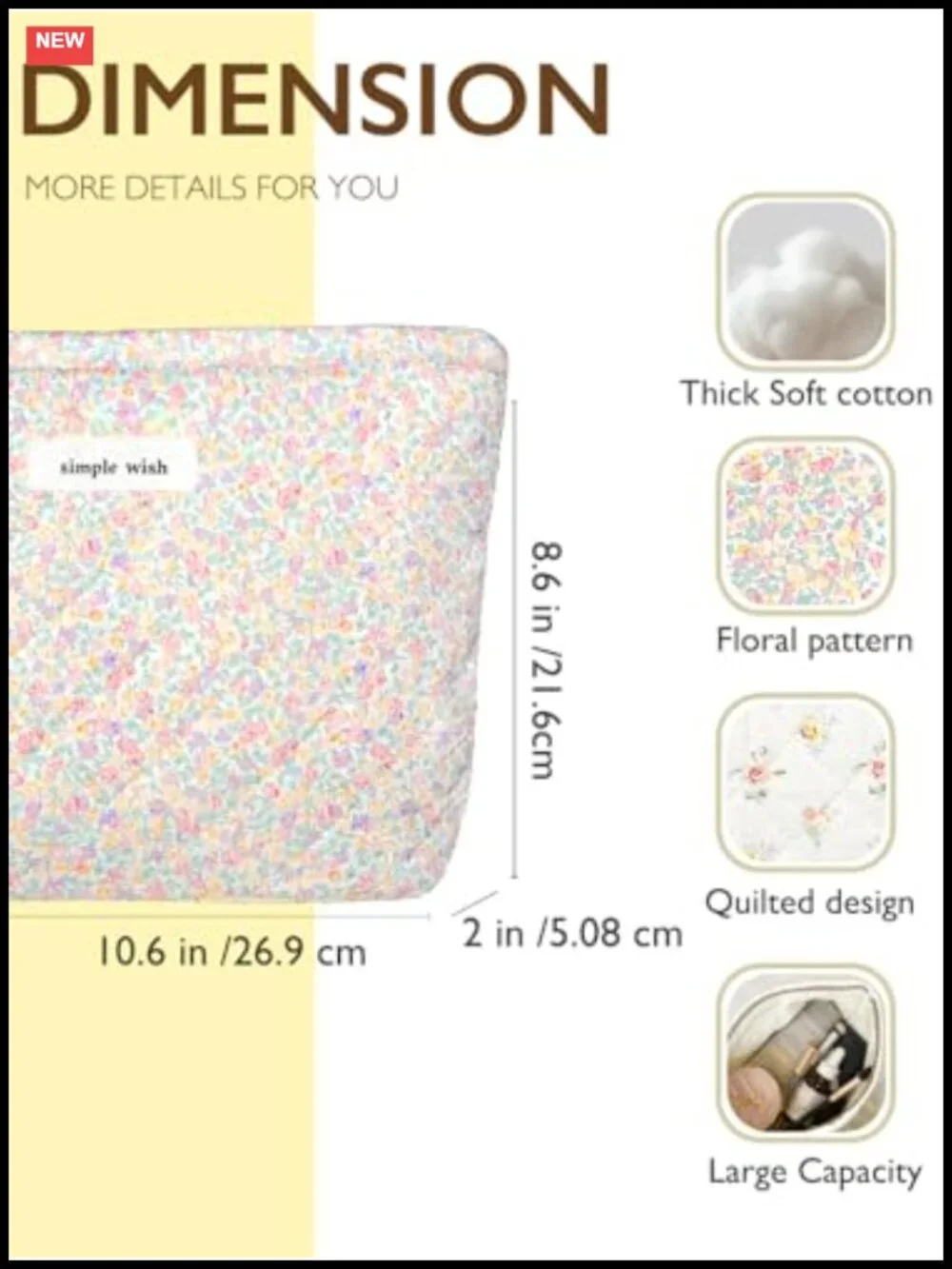 Large Quilted Floral Cotton Makeup Bag with Zipper, Travel Toiletry Organizer